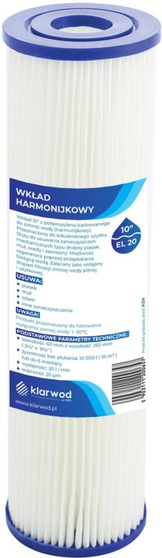 Klarwod harmonikafilterindsats til 10" EL filter 20 mikron