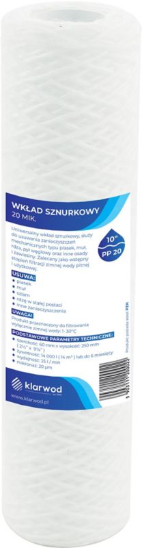 Klarwod snørrefilterindsats til 10" PP-filter, 20 mikron