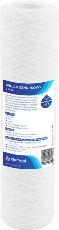 Klarwod snorfilterindsats til 10" PP-filter, 5 mikron