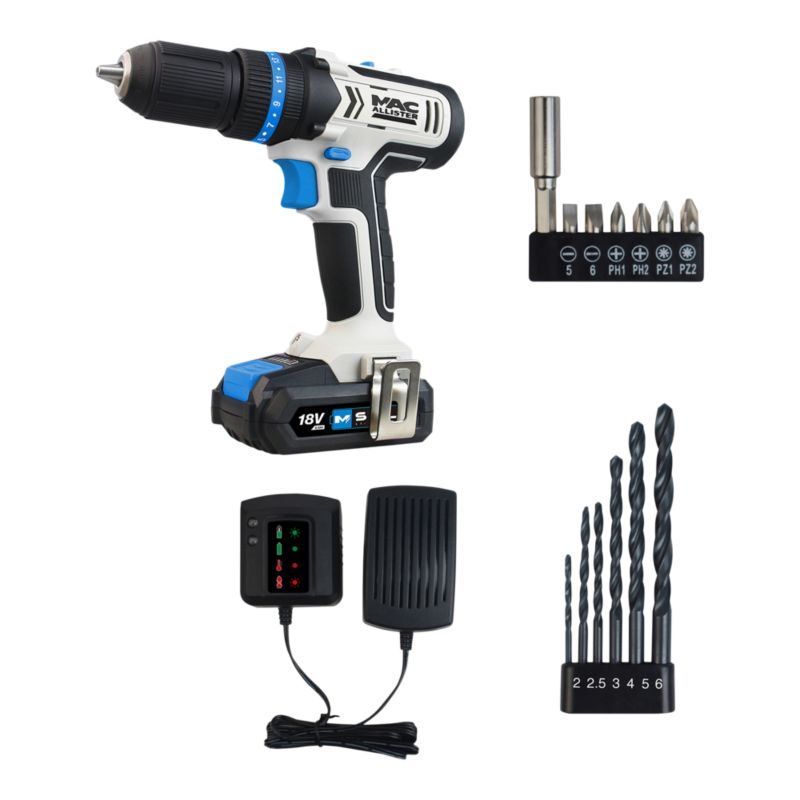 MacAllister 18 V slagboremaskine med 1 x 2,0 Ah batteri og 13 tilbehørsdele