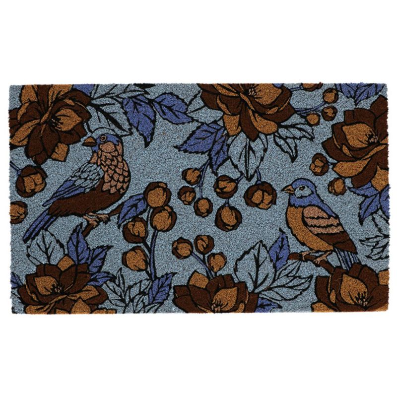 Dørmåtte Kokos 45x75 cm Blå med Fugle- og Blomstermotiv