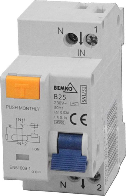 Bemko 2P B 16 A 30 mA AC fejlstrømsafbryder med overstrømsbeskyttelse