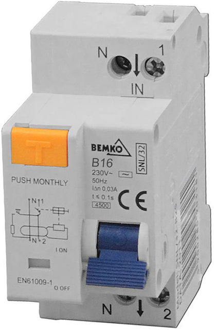 Bemko 2P B 16 A 30 mA AC fejlstrømsafbryder med overstrømsbeskyttelse