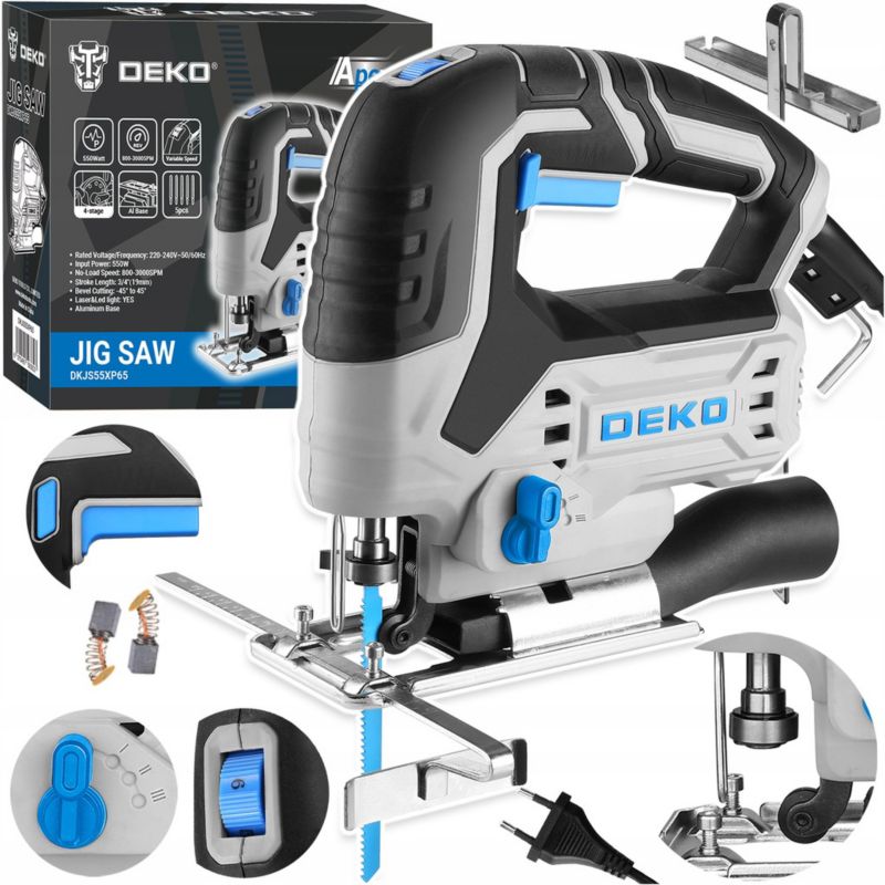 DEKO 550W stiksav med hastigheds- og oscilleringsregulering samt LED-belysning, 1 sæt