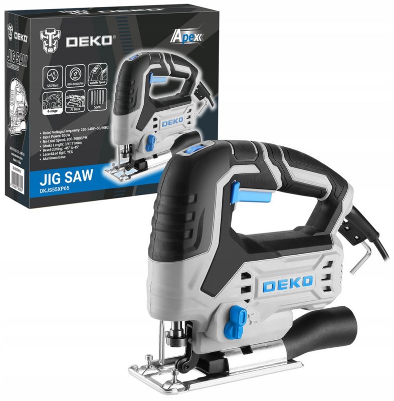 DEKO 550W stiksav med hastigheds- og oscilleringsregulering samt LED-belysning, 1 sæt