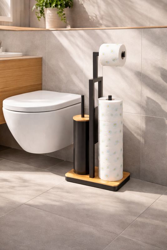 Badeværelsessæt 3-i-1 Stumtjener med Spejlglas og 5 L Pedalspand Soft-Close Sort/Bambus