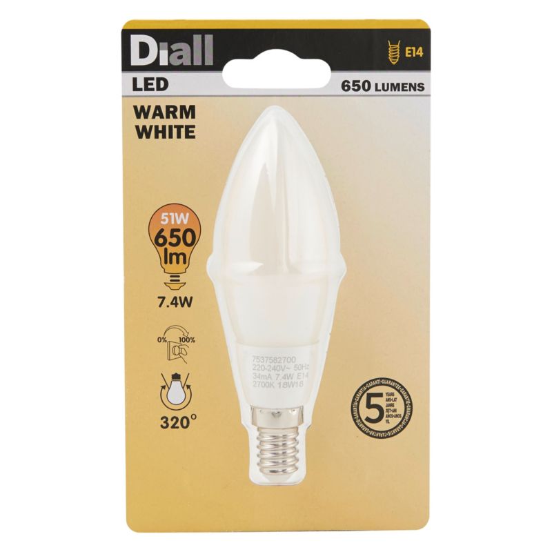 LED-pære Diall B35 E14 7,4 W 650 lm mælkehvid varm DIM