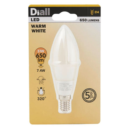 LED-pære Diall B35 E14 7,4 W 650 lm mælkehvid varm DIM