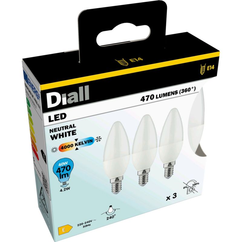 LED-pære Diall C35 E14 470 lm 4000 K 3 stk.