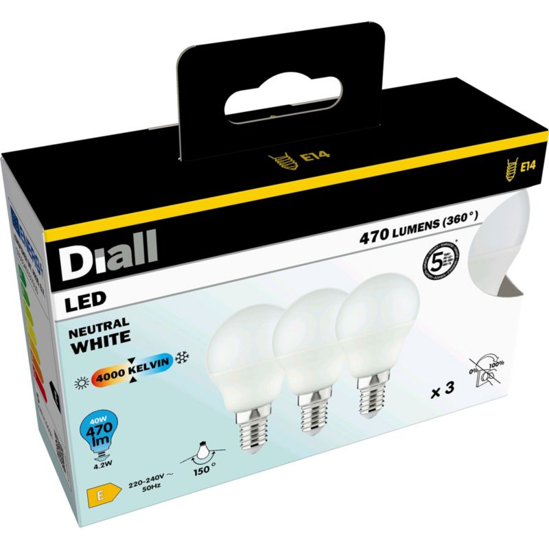 LED-pære Diall G45 E14 470 lm 4000 K 3 stk.