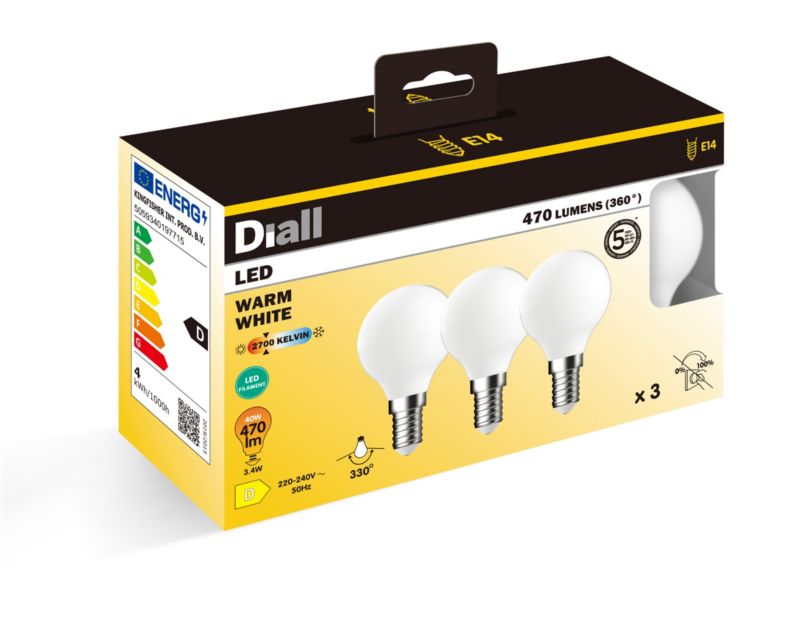 LED-pære Diall P45 E14 470 lm 2700 K 3 stk.