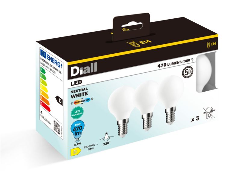 LED-pære Diall P45 E14 470 lm 4000 K, 3 stk.
