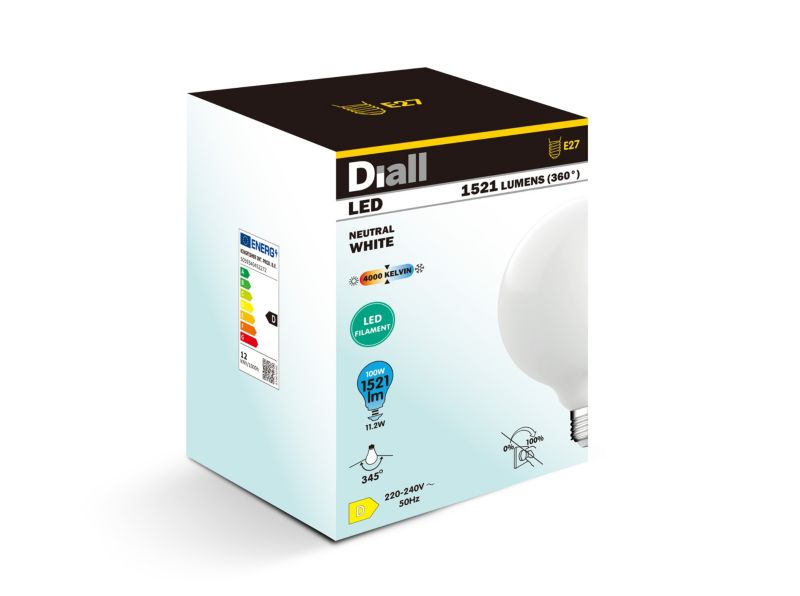 LED-pære F Diall G130 E27 1521 lm 4000 K mælkehvid