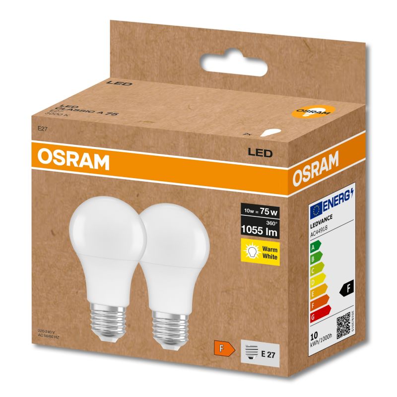 Osram LED-pære A60 E27 1055 lm 3000 K 2 stk.