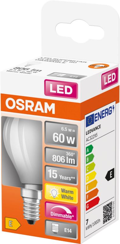 Osram LED-pære E14 6,5 W 806 lm varm hvid, mat finish, dæmpbar