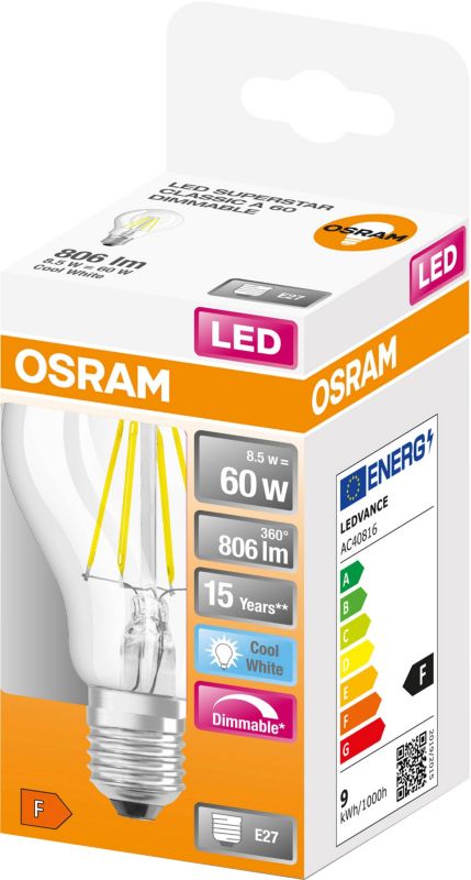 Osram LED-pære Filament A60 E27 806 lm 4000 K filament-DIM