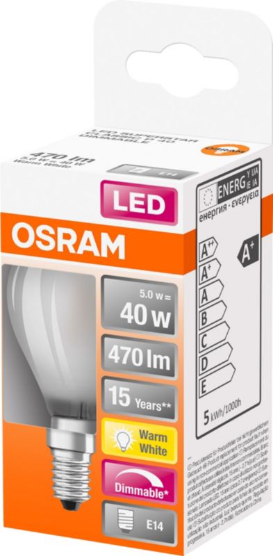 Osram P40 E14 LED-pære 5 W 470 lm mælkehvid varm farve DIM