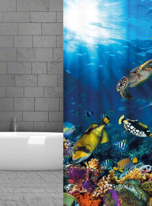 Tekstil Bruseforhæng 180x200 cm Aquarium/Rafa Blå med Kroge