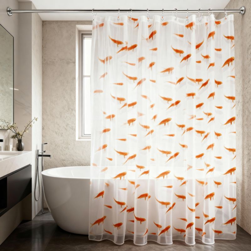 Brusebadsforhæng 180 x 200 cm Guld Fisk Gennemsigtig og Orange