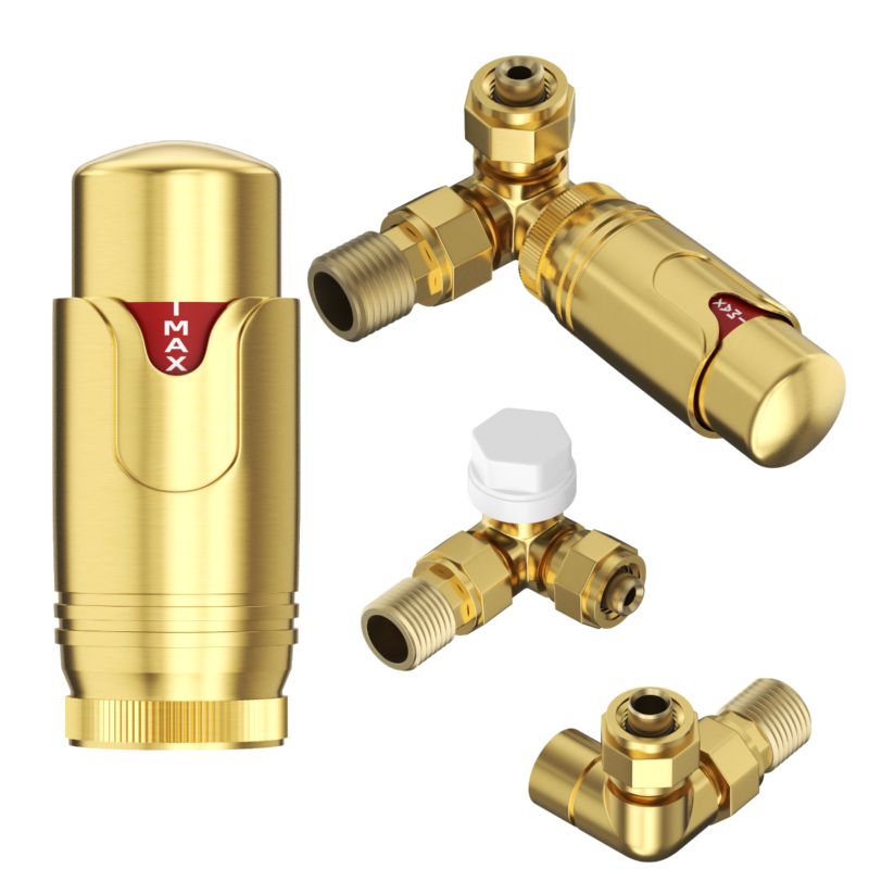 Termostatisk Radiatorventil 3-vejs 1/2" Børstet Guld Sæt
