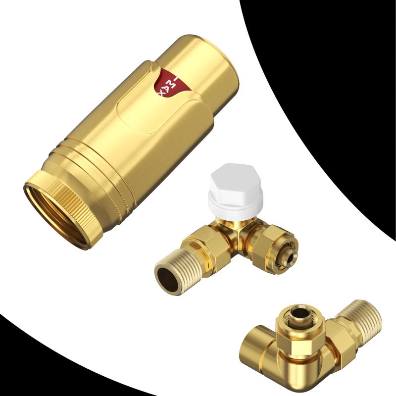 Termostatisk Radiatorventil 3-vejs 1/2" Børstet Guld Sæt