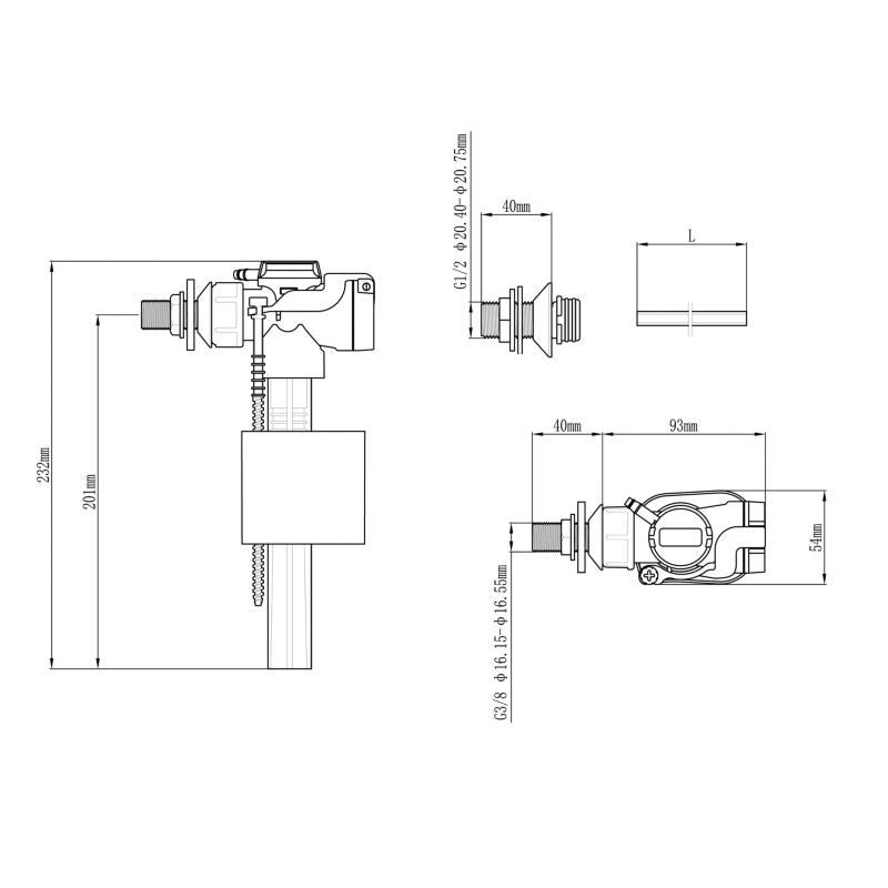 Sideindgangs påfyldningsventil 1/2" 3/8" Hvid 231,5 mm