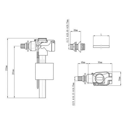 Sideindgangs påfyldningsventil 1/2" 3/8" Hvid 231,5 mm