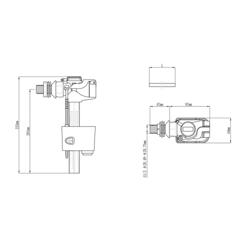 Toiletfyldningsventil 1/2" Sideindgang Hvid Støjsvag 231,5 mm