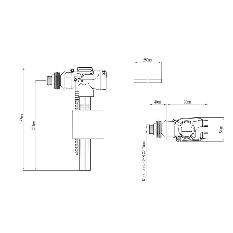 Sideindgangs påfyldningsventil 1/2" Hvid 231,5 mm