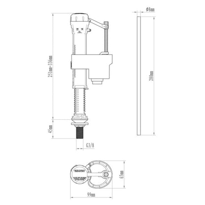 Toiletfyldeventil 1/2" Bundtilslutning Hvid 299 mm