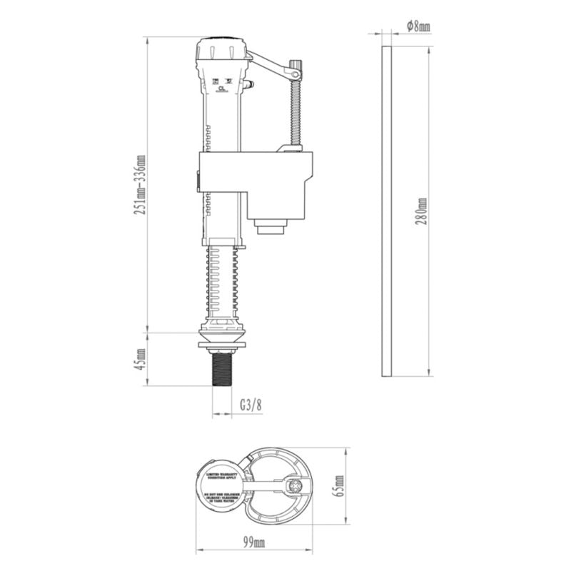 Toiletfyldeventil 1/2" Bundtilslutning Hvid 299 mm