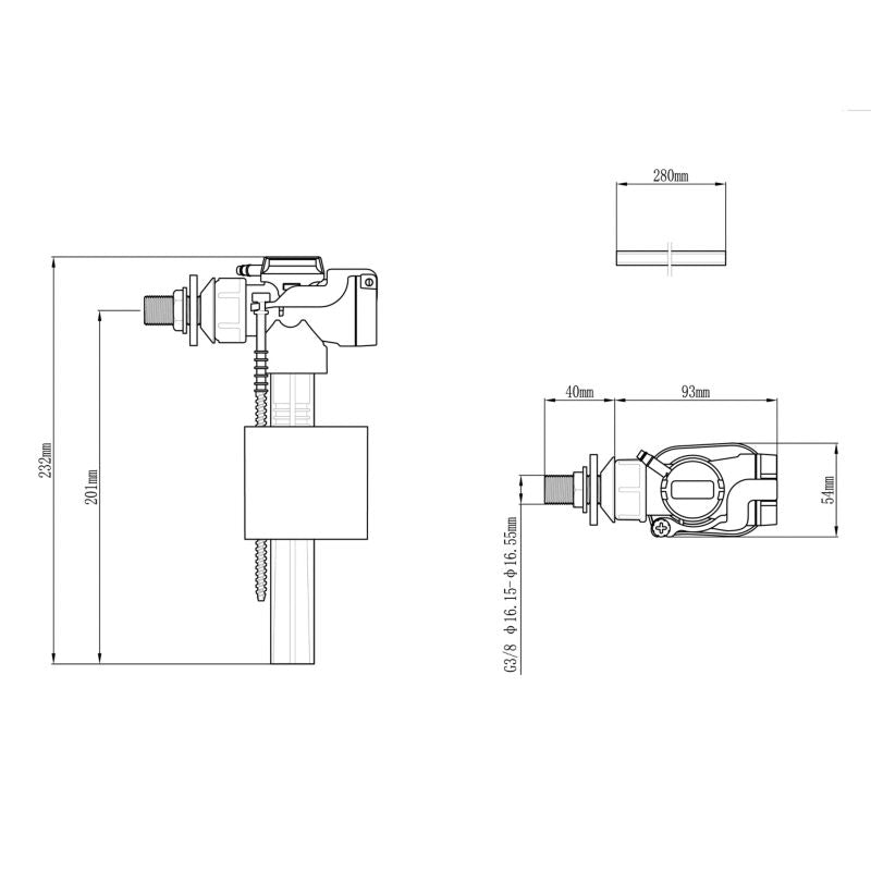 Sideindgangs påfyldningsventil 3/8" Hvid 23,2 cm