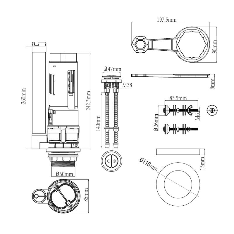 Toiletudskylningsventil 3/6 L Hvid 260 mm | A2415M