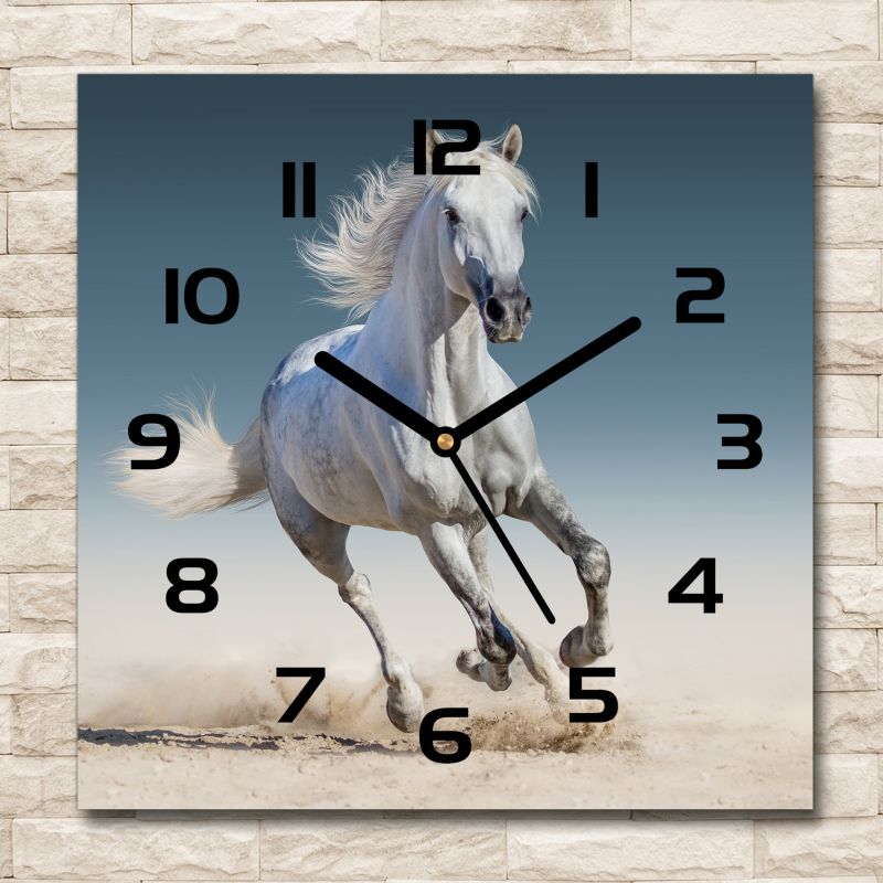 Glasur ur Tulup Hvid galopperende hest med sorte visere 30x30 cm lydløs 1 stk.