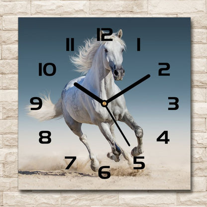 Glasur ur Tulup Hvid galopperende hest med sorte visere 30x30 cm lydløs 1 stk.