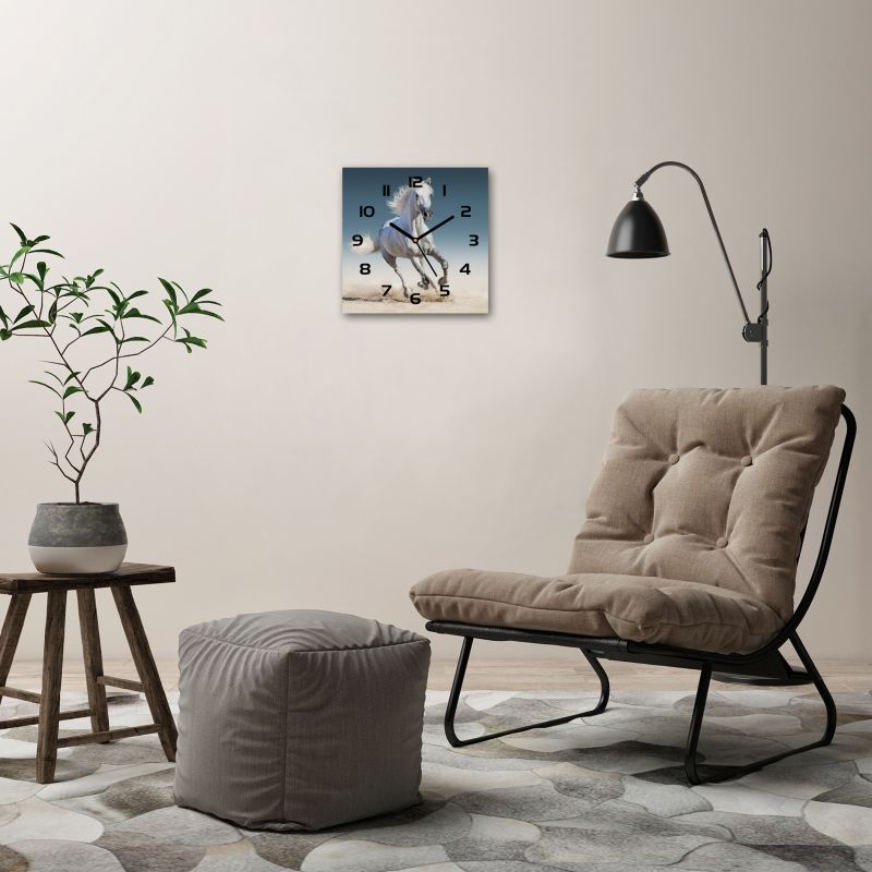 Glasur ur Tulup Hvid galopperende hest med sorte visere 30x30 cm lydløs 1 stk.
