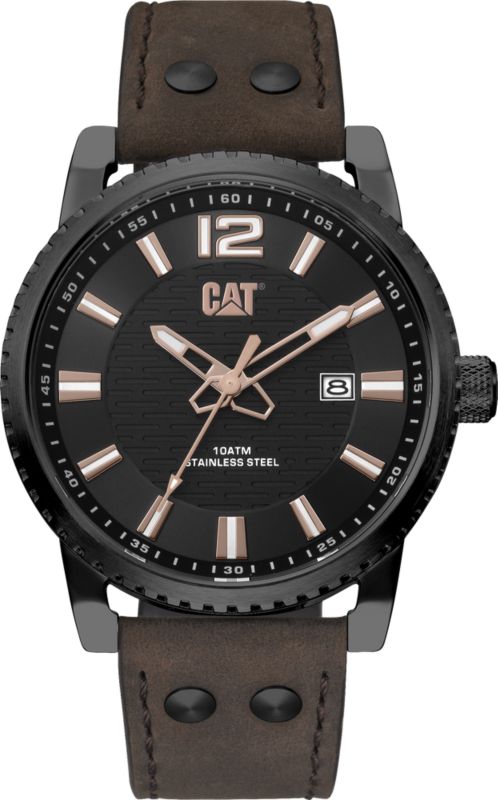 Caterpillar Utility 3H stålur med dato og læderrem, 1 stk.