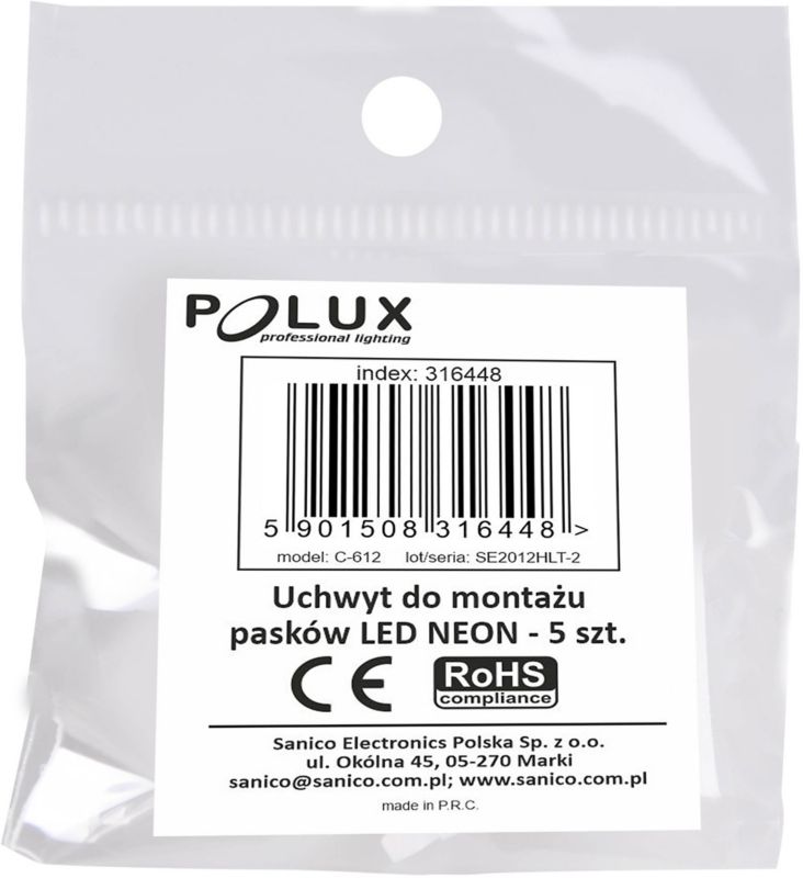 Sæt med 5 beslag til montering af Polux Neon LED-strips