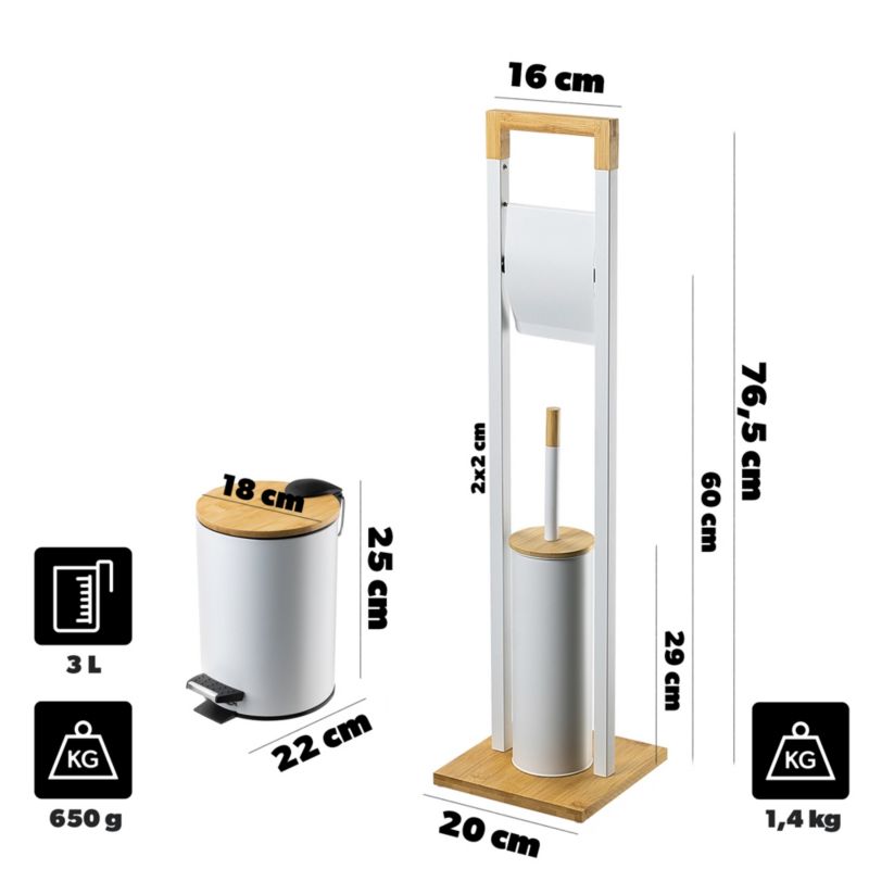 Badeværelsessæt Stål og Bambus Hvidt 76,5 cm 3 Dele