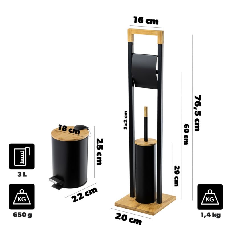 Badeværelsessæt med Toiletpapirholder, Børste og 3L Spand Sort | 5906638321379