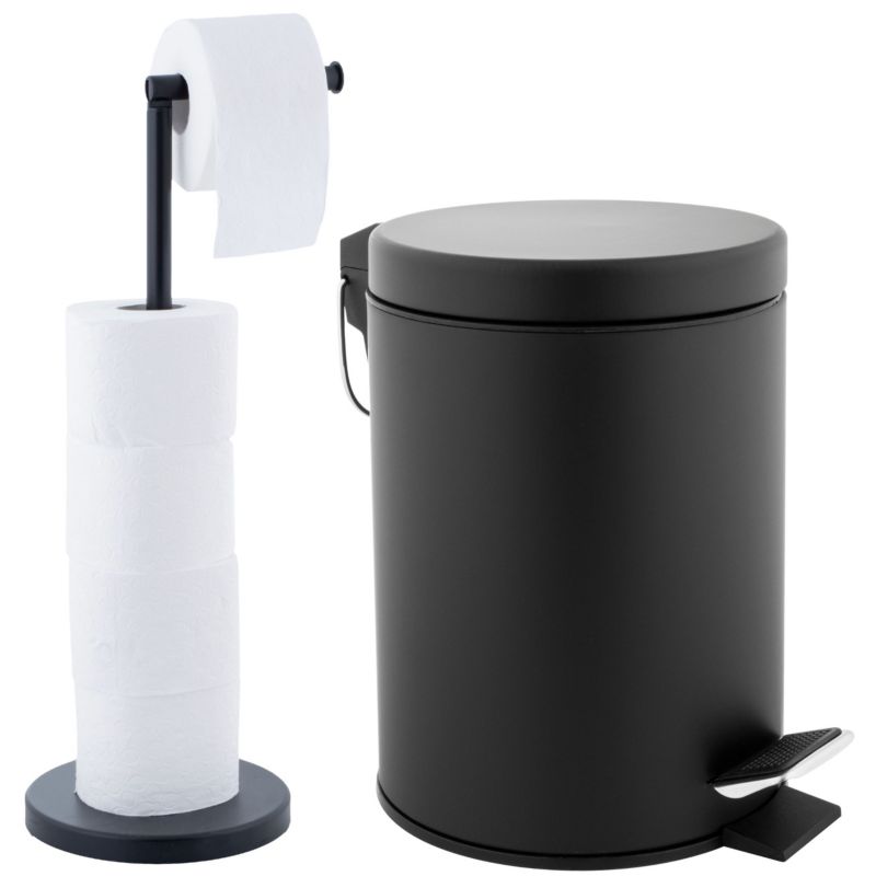 Badeværelsessæt med Toiletpapirholder og Affaldsspand Sort
