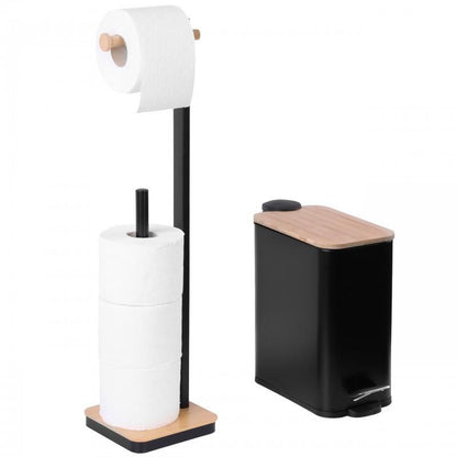 Badeværelsessæt Sort Bambus 5L Affaldsspand og Toiletpapirstativ