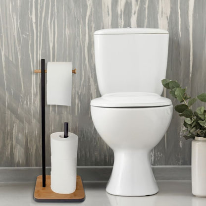 Badeværelsessæt Sort Bambus 5L Affaldsspand og Toiletpapirstativ