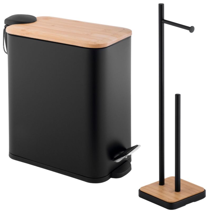 Badeværelsessæt med Pedalspand 5 L og Toiletpapirholder Sort/Bambus