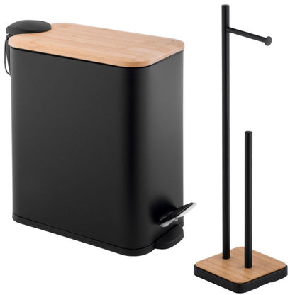 Badeværelsessæt med Pedalspand 5 L og Toiletpapirholder Sort/Bambus