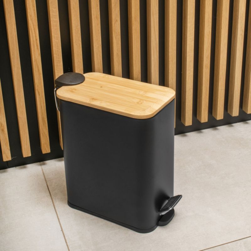 Badeværelsessæt med Pedalspand 5 L og Toiletpapirholder Sort/Bambus