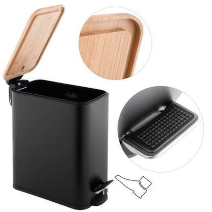 Badeværelsessæt med Pedalspand 5 L og Toiletpapirholder Sort/Bambus