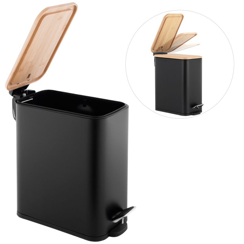 Badeværelsessæt med Pedalspand 5 L og Toiletpapirholder Sort/Bambus