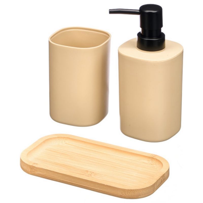 Badeværelsessæt 3 Dele Beige med Bambusbakke 8430852128805