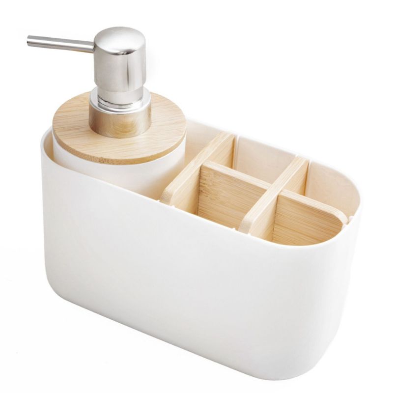 Badeværelsessæt Hvid Bambus Tandbørsteholder og Sæbedispenser 18x9,5x16,5 cm